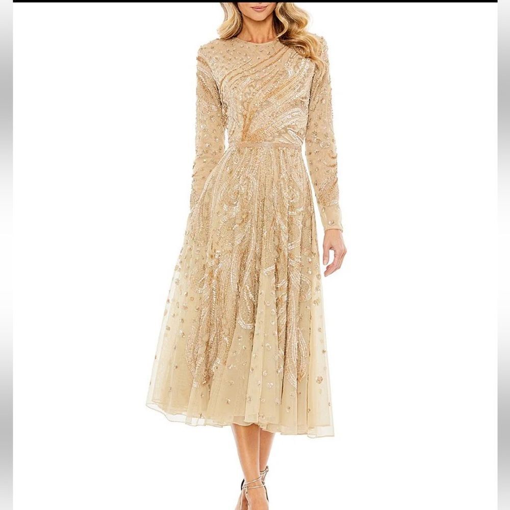 Mac Duggal 5572 dress beaded champagne midi long sleeve tulle cocktail gown 8